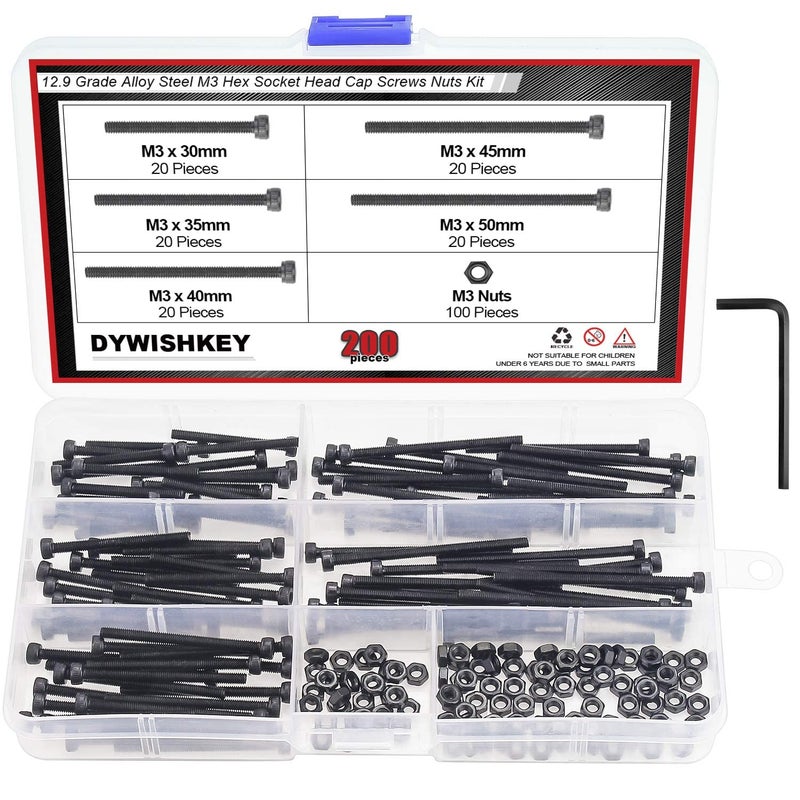 DYWISHKEY 200 Pieces M3 x 30mm/35mm/40mm/45mm/50mm, 12.9 Grade Alloy Steel Hex Socket Head Cap Bolts Screws Nuts Kit with Hex Wrench - Image 1